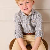 Cadogan Houndstooth Polo Collar Long Sleeve Shirt in Beige