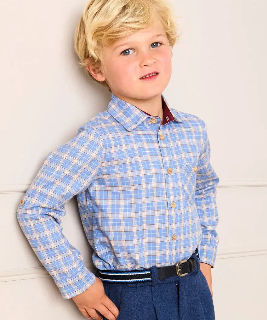 Denby Check Polo Collar Long Sleeve Shirt in Blue