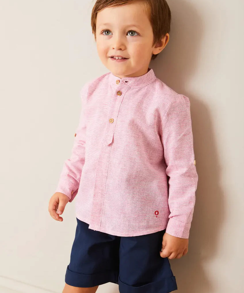 Lawrence Striped Mao Collar Long Sleeve Shirt in Red