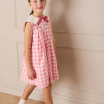 Pepa London Catherine Gingham Embroidered Sleeveless Trapeze Dress in Pink