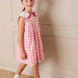Pepa London Catherine Gingham Embroidered Sleeveless Trapeze Dress in Pink