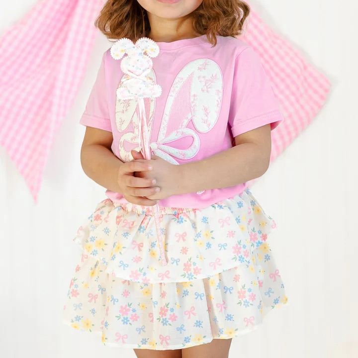 Sweet Wink Lace Bunny Bow Patch Easter Short Sleeve T-Shirt - Pink