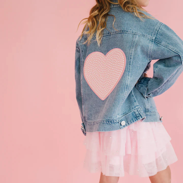 Sweet Wink Pearl Heart Patch Denim Jacket