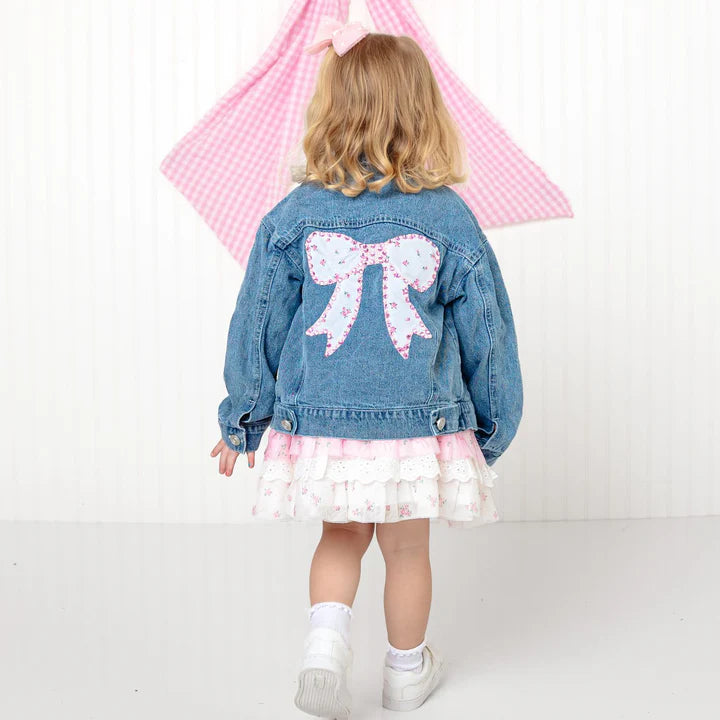 Sweet Wink Pearl and Gemstone Floral Bow Patch Denim Jacket