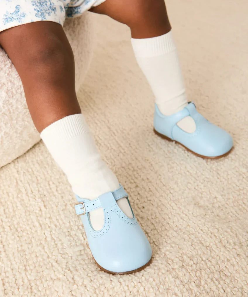 Leather T-Bar Baby Shoes in Sky Blue