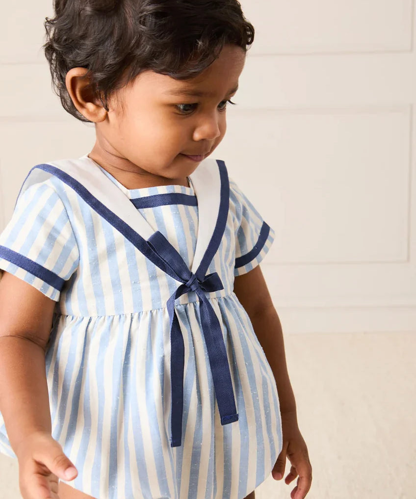 Regency Stripe Mariner Collar Bow Detail Romper in Blue