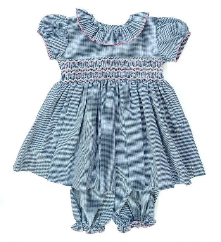 Ruth and Ralph Navy and Pink Smocked Charlotte Bloomer Set