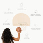 Basketball hoop with a woman holding a basketball, featuring text on product features.