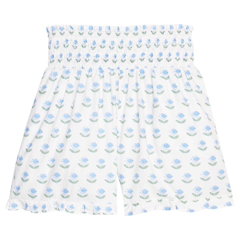 Bisby Shirred Ruffle Shorts- Blue Tulip Block Print