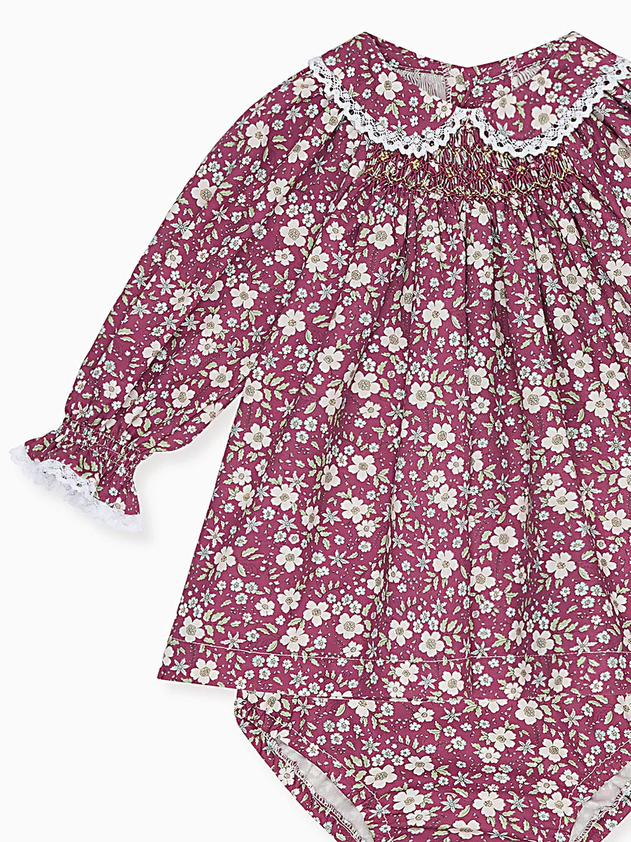 La Coqueta Burgundy Floral Palma Baby Girl Hand-Smocked Set