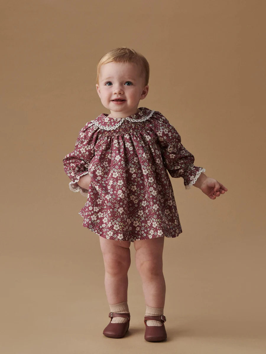 La Coqueta Burgundy Floral Palma Baby Girl Hand-Smocked Set