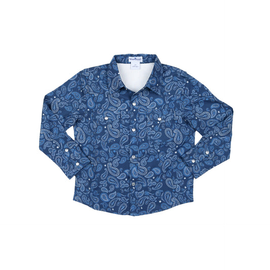 BlueQuail Navy Paisley Pearl Snap Long Sleeve Shirt for kids