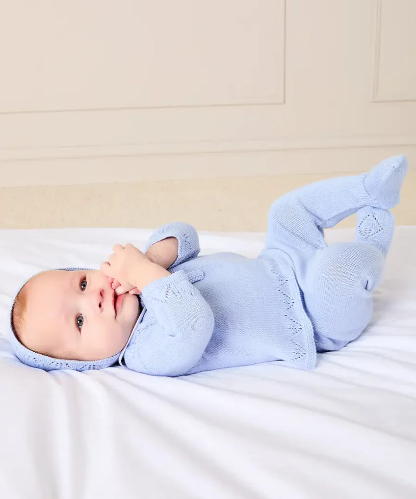 Diamond Openwork Three Piece Knitted Set in Light Blue