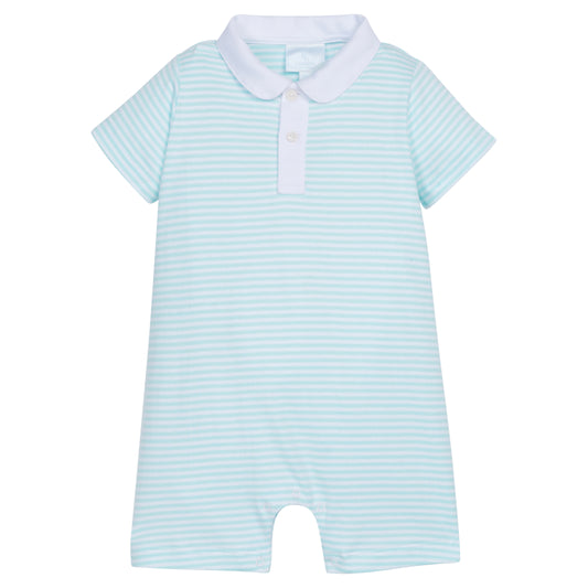 Peter Pan Polo Romper- Aqua Stripe