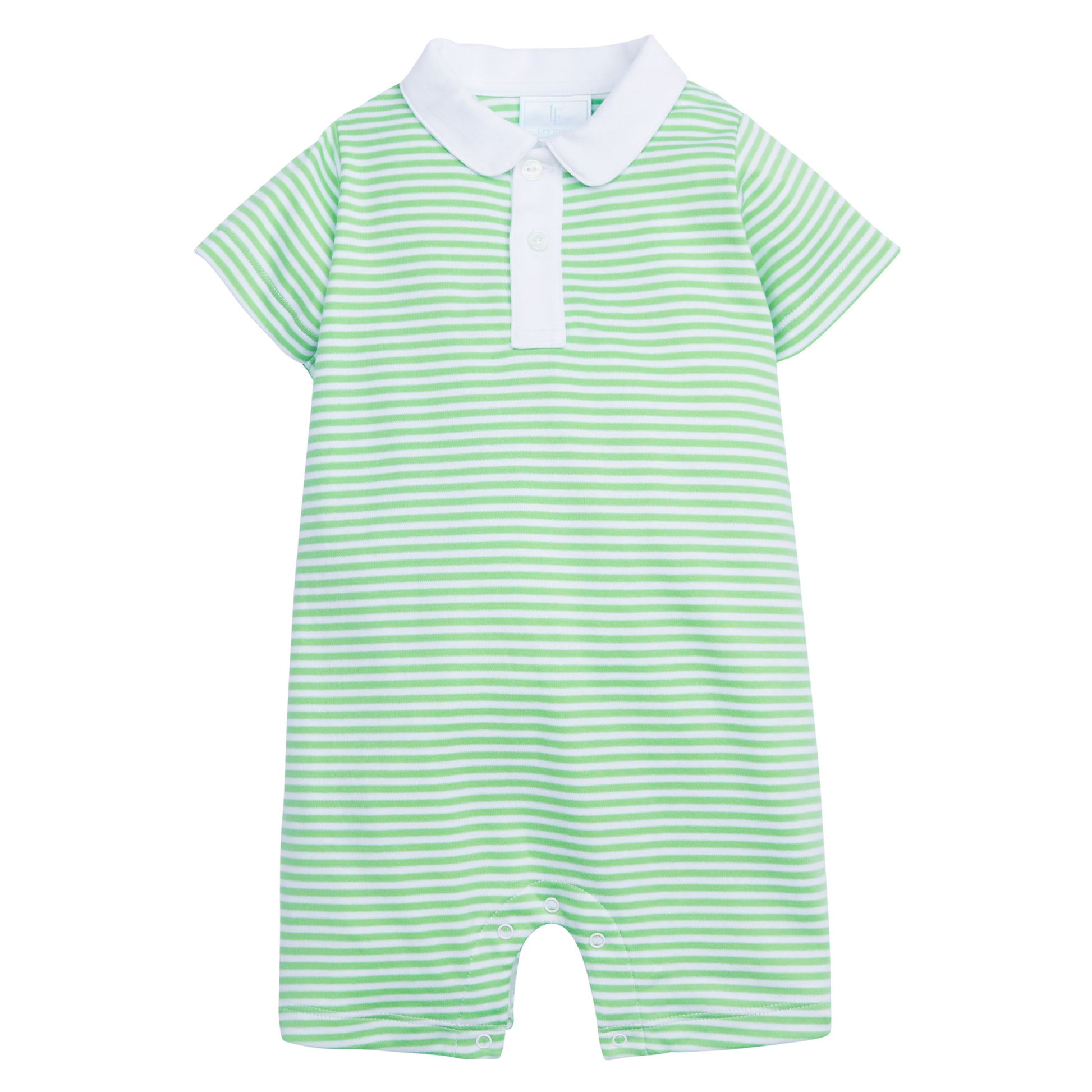 Little English Peter Pan Polo Romper- Green Stripe