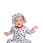Baby wearing a Dalmatian costume on a white background