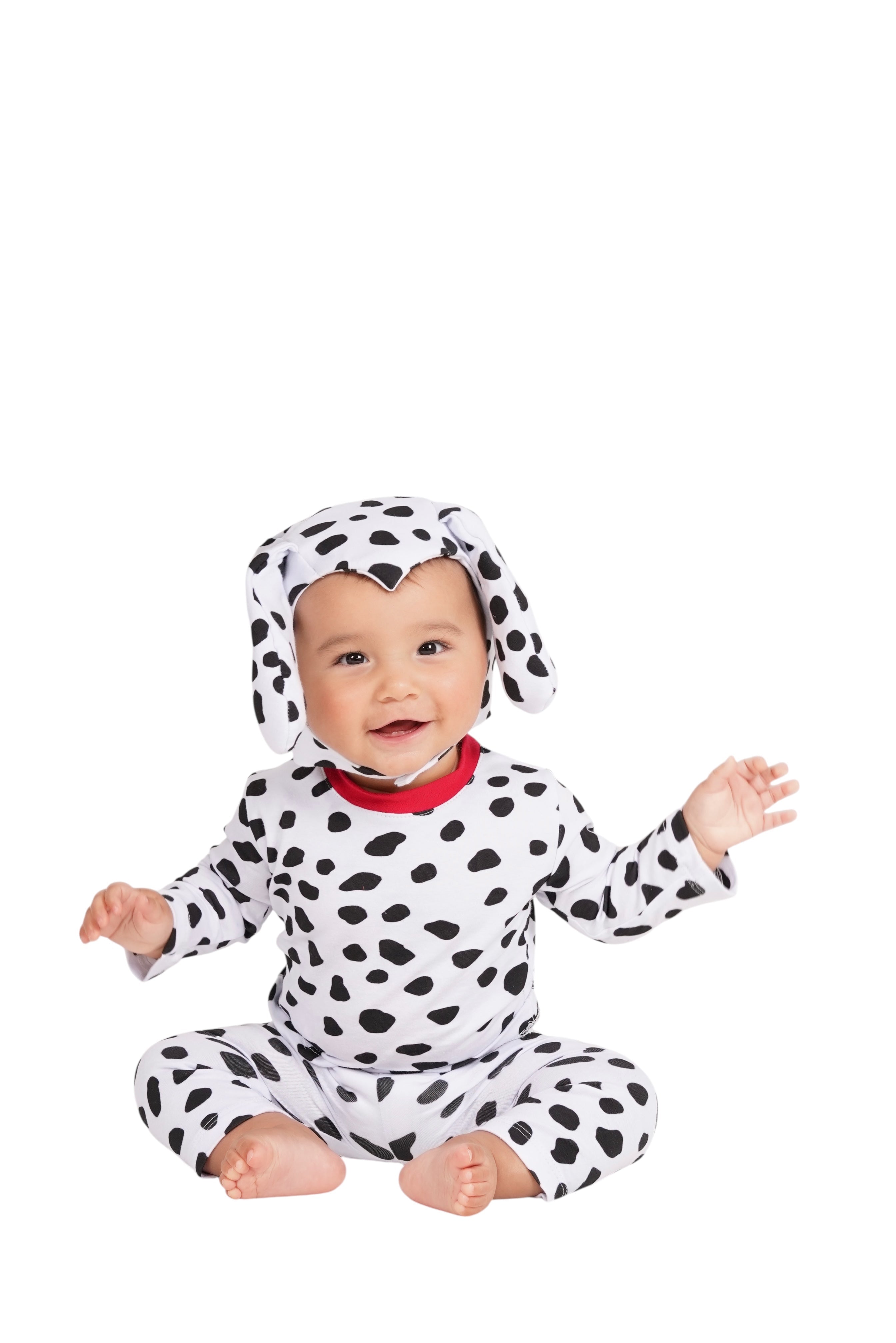 Baby wearing a Dalmatian costume on a white background