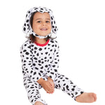 Child wearing a Dalmatian costume on a white background