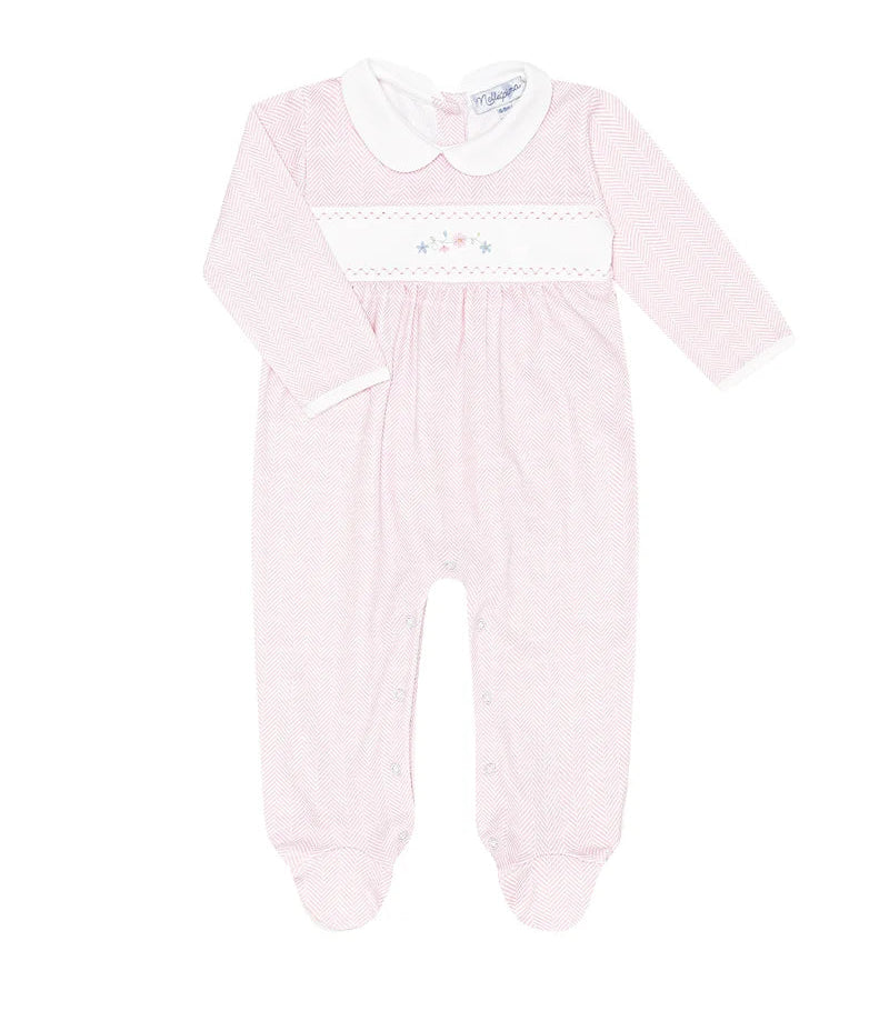 Nellapima Pink Herringbone Embroidered Footie- Flowers