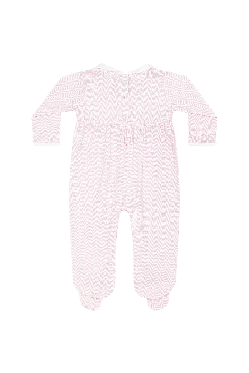 Nellapima Pink Herringbone Embroidered Footie- Flowers