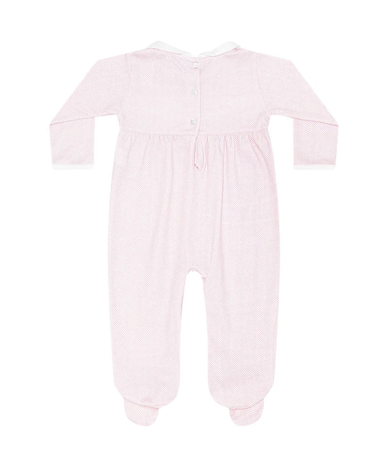 Nellapima Pink Herringbone Embroidered Footie- Flowers