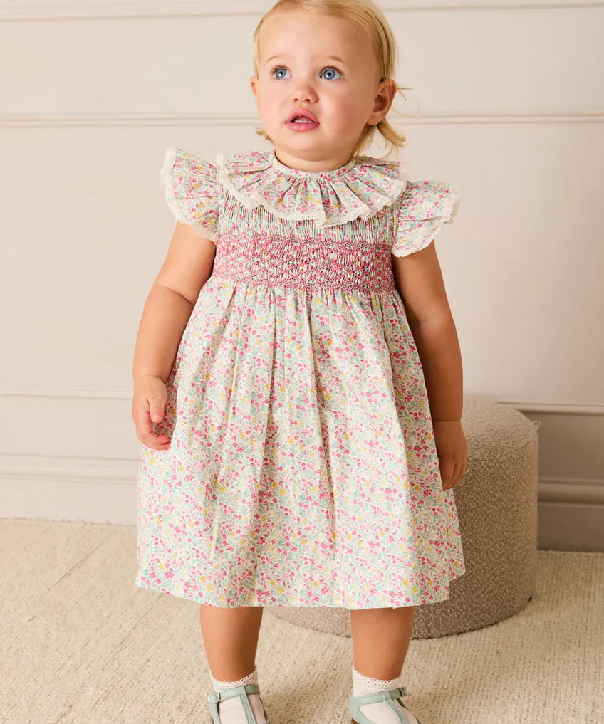 Adelaide Floral Hand Smocked Ruffle Collar Cap Sleeve Dress With Bloomers in Pink