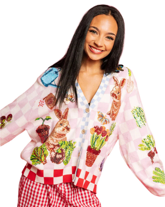 Pink and White Checkered Bunny Cardigan - Women's