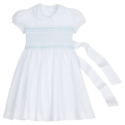 Little English Smocked Emery Dress - White with Light Blue