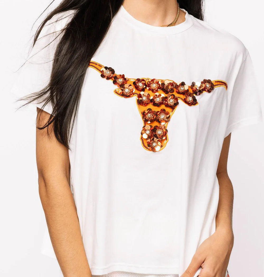 Queen of Sparkles Texas Sequin Flower Tee- Women's