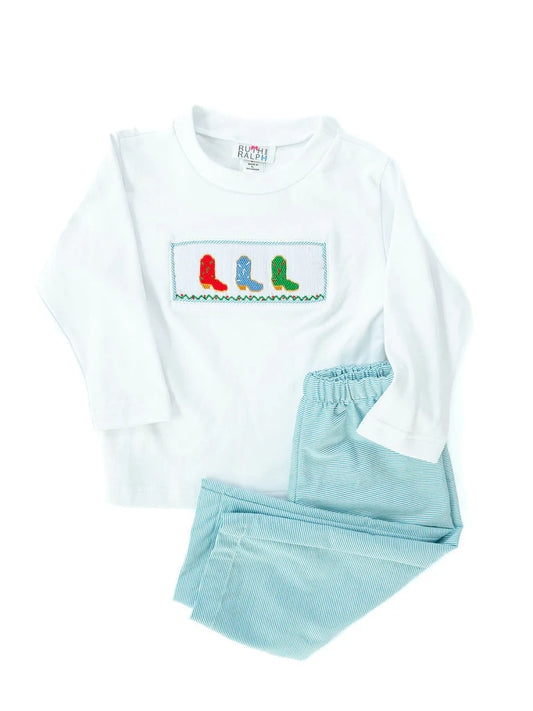 Ruth and Ralph Holiday Boots Smocked Beau Pants Set