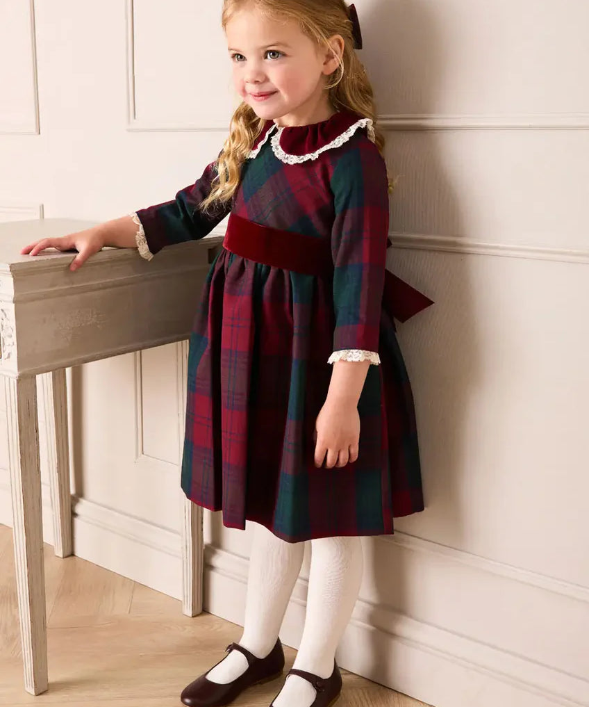Pepa London Grovesnor Tartan Lace Detail Velvet Bow Dress in Red