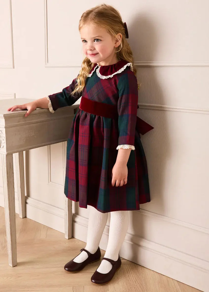 Pepa London Grovesnor Tartan Lace Detail Velvet Bow Dress in Red