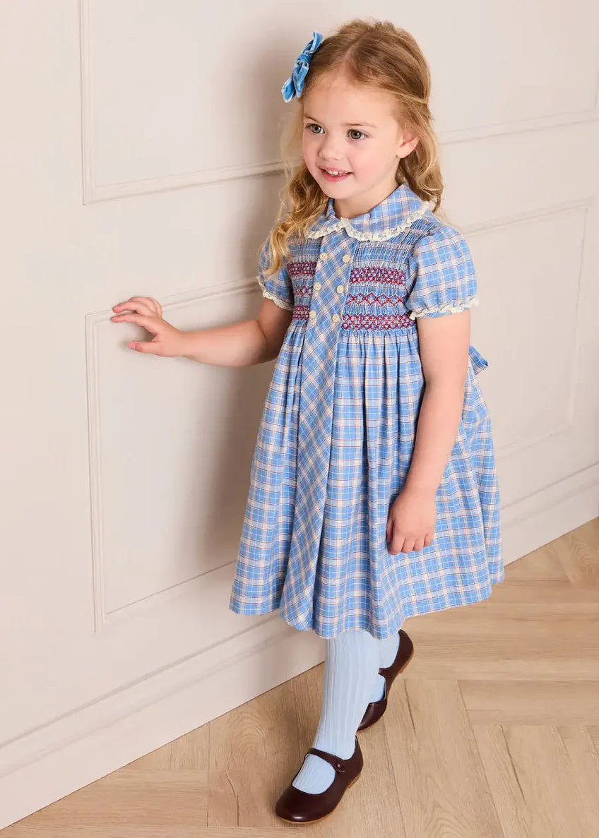 Denby Check Hand Smocked Double Breasted Short Sleeve Dress in Blue