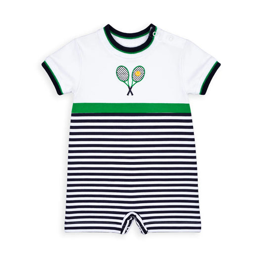 Florence Eiseman Stripe Knit Shortall With Tennis Rackets