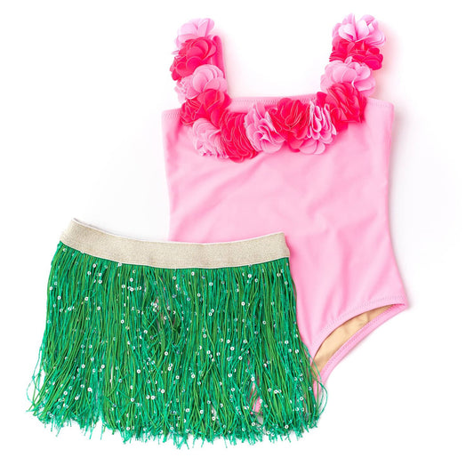 Hula Girl Lei One Piece Swimsuit with Fringe Skirt