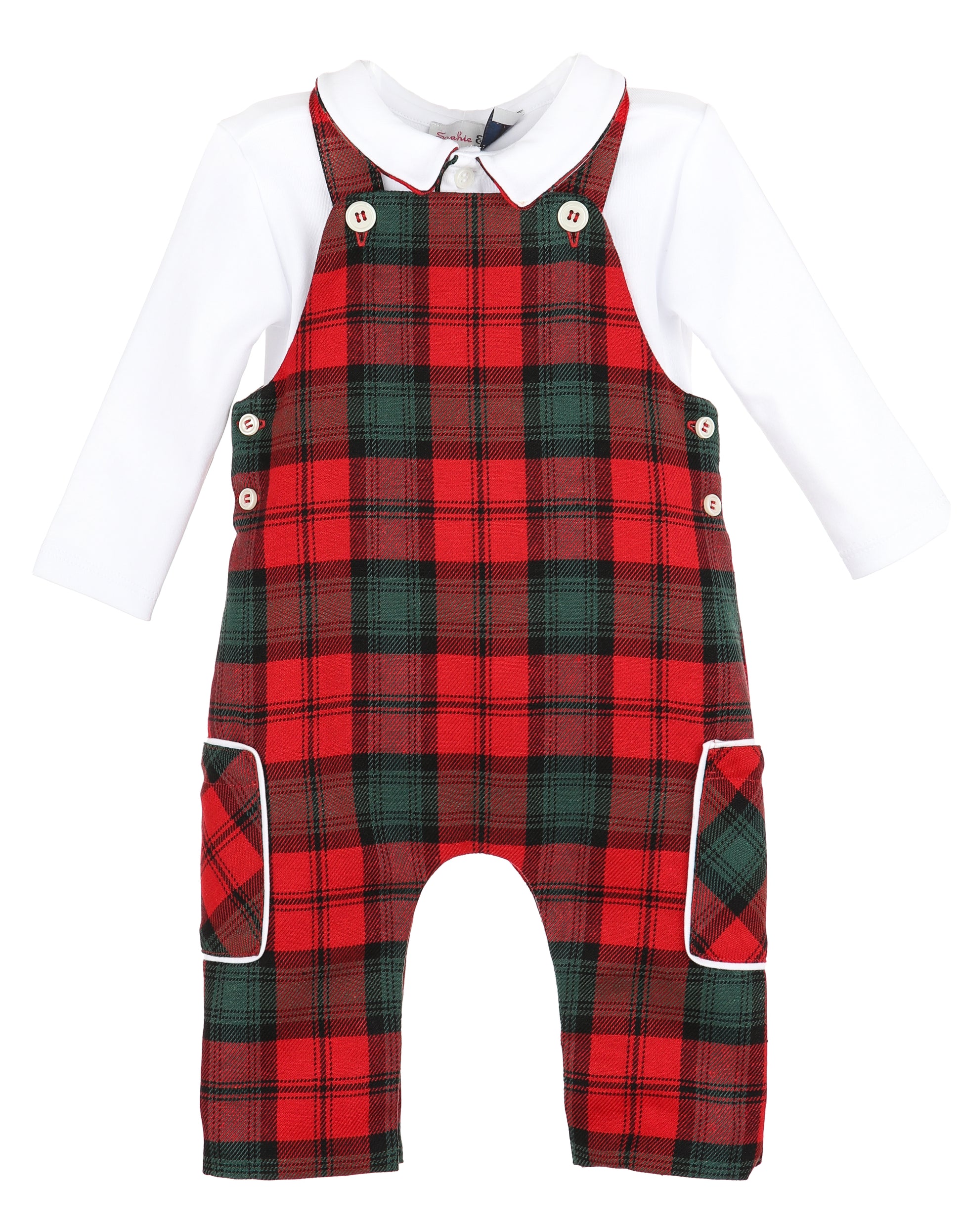 Sophie and Lucas Red and Green Tartan Tidings Overall Set