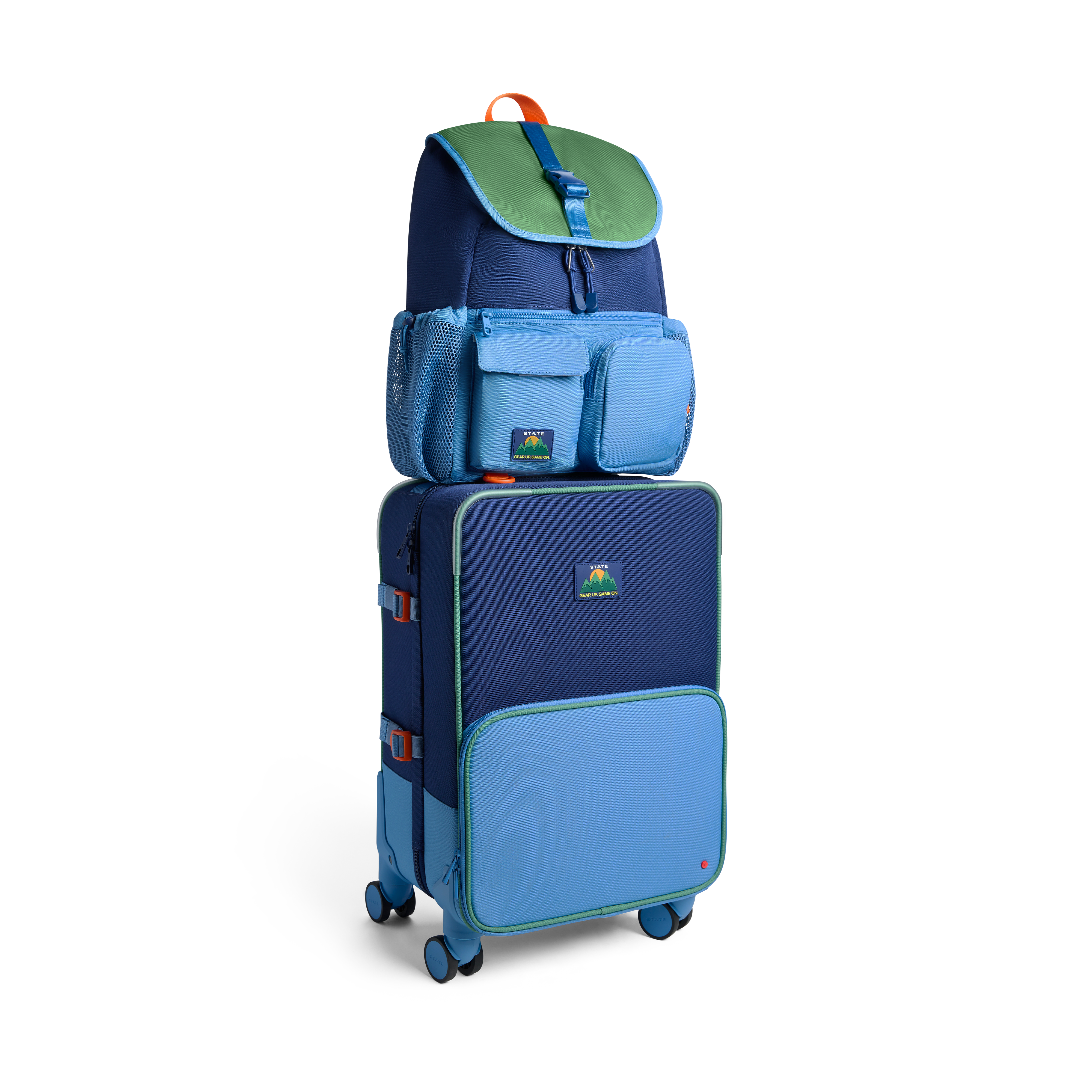 Stack of blue suitcases with a green backpack on a white background
