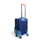Blue suitcase with orange handle on a white background