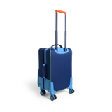 Blue suitcase with orange handle on a white background