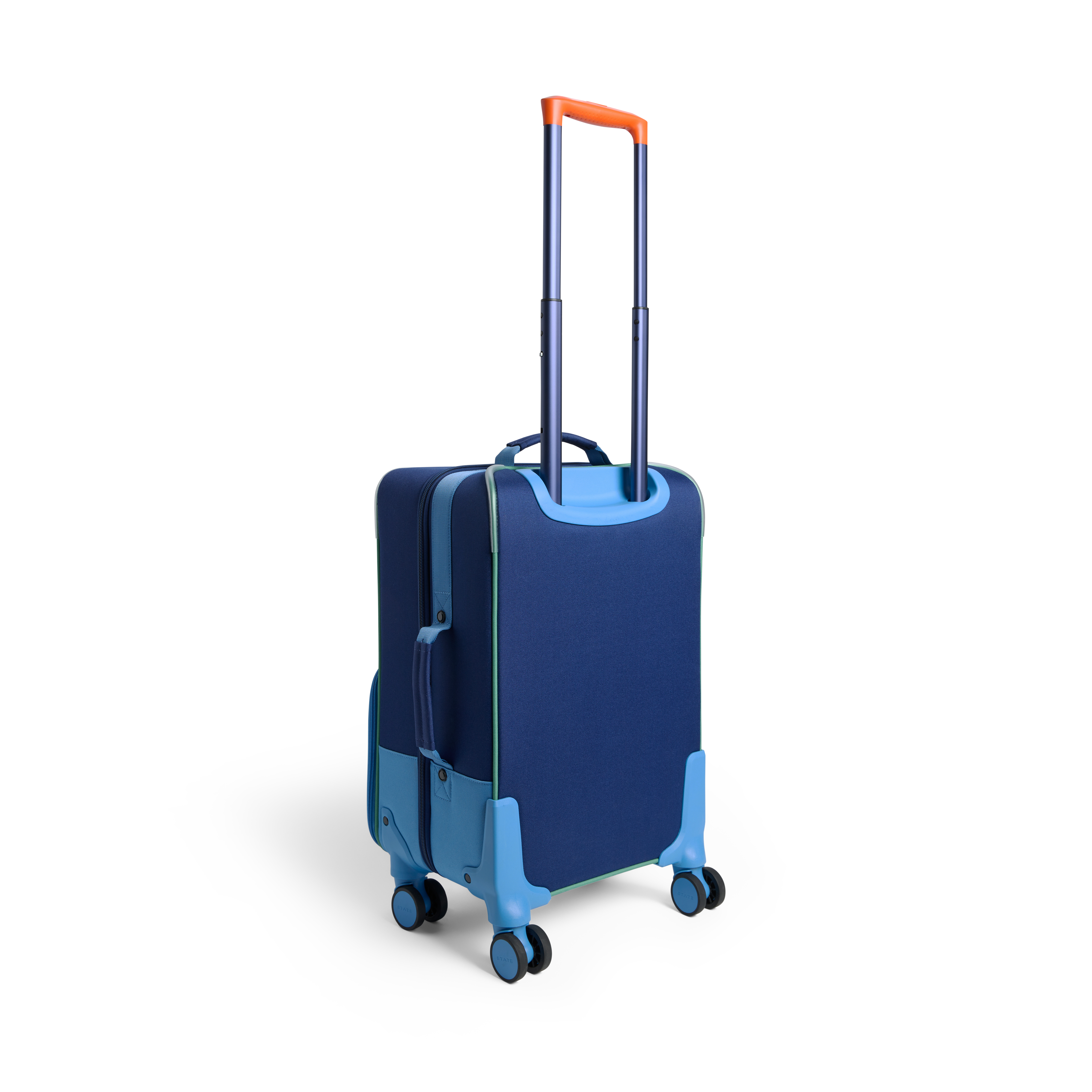 Blue suitcase with orange handle on a white background