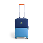 Blue suitcase with a visible brand logo on a white background
