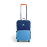 Blue suitcase with a visible brand logo on a white background