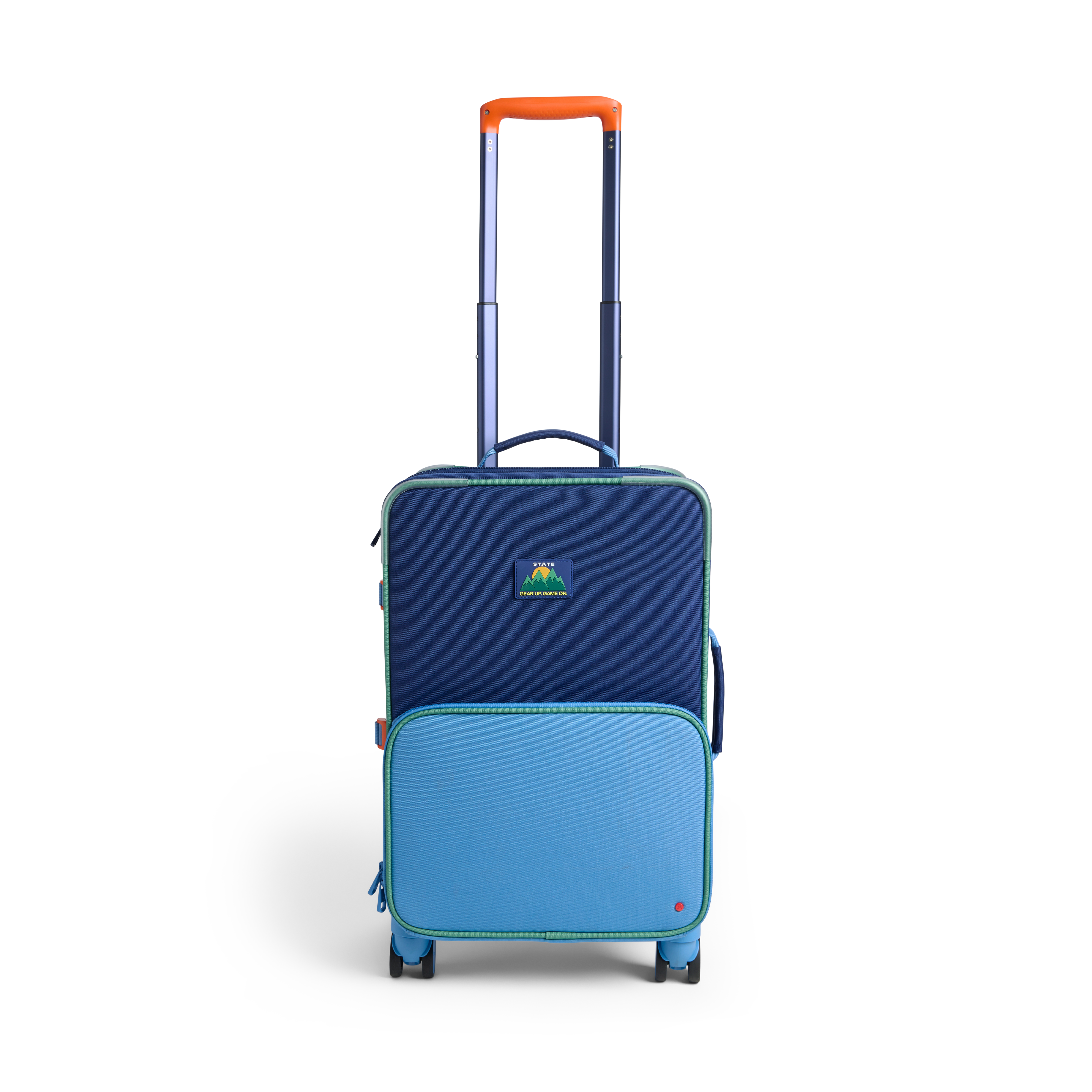Blue suitcase with a visible brand logo on a white background