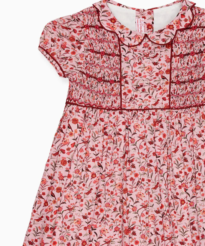 La Coqueta Pink Bird Floral Scarlett Girl Hand-Smocked Dress