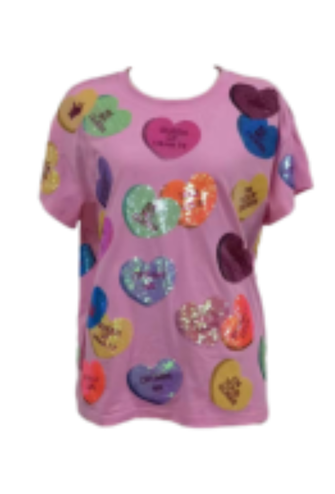 Magenta Sequin Candy Heart Tee- Women's