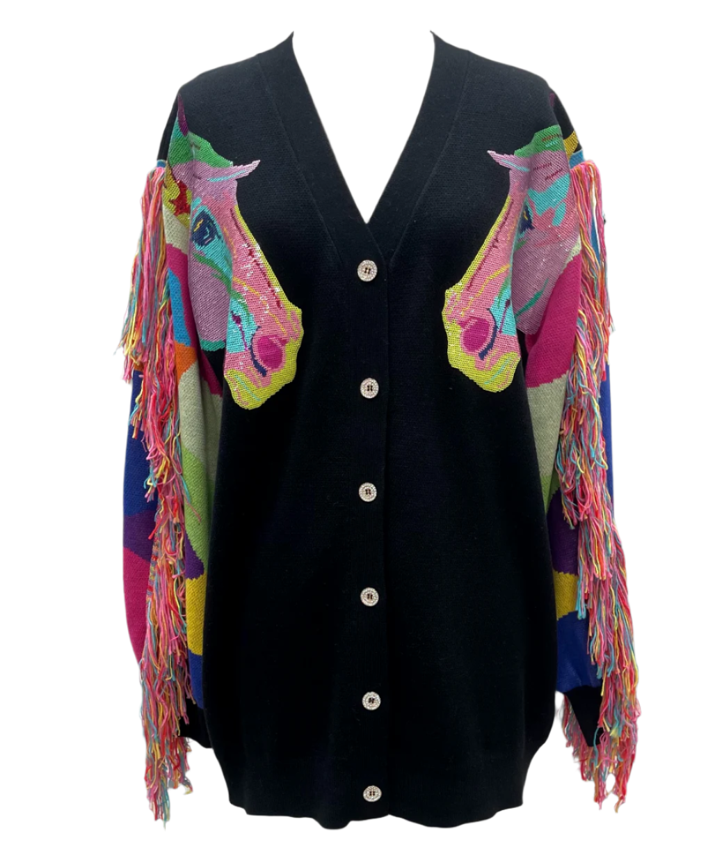 Queen of Sparkles Black Fringe Rainbow Horse Cardigan - Women's