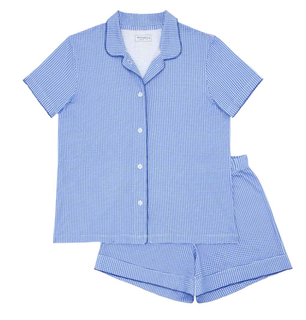 Women's Sky Blue Gingham Collared Shirt And Short Pima Pajamas Set