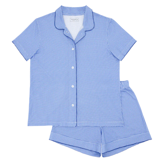 Women's Sky Blue Gingham Collared Shirt And Short Pima Pajamas Set