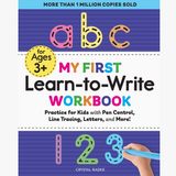 Book cover of 'My First Learn-to-Write Workbook' for ages 3+ with colorful letters and numbers.