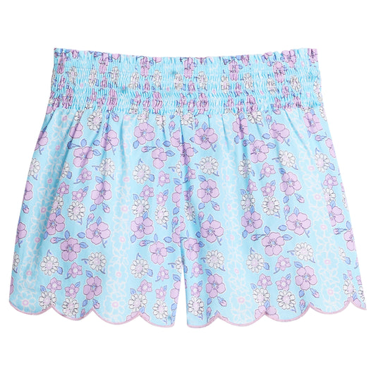 BISBY Shirred Scallop Shorts- Marguerite Floral Aqua